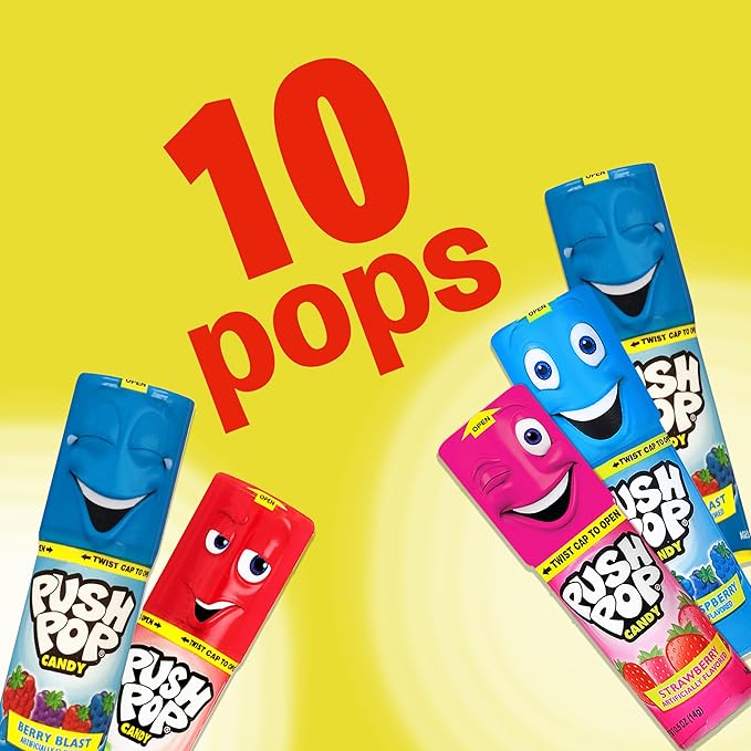 Push Pop Giant Candy Lollipop Container, 10 Ct Individually Wrapped in Assorted Fruity Flavors, Full Size, Fun Hard Candy For Party Favors, Birthday Parties, Goodie Bags, Fun Gifts for Kids