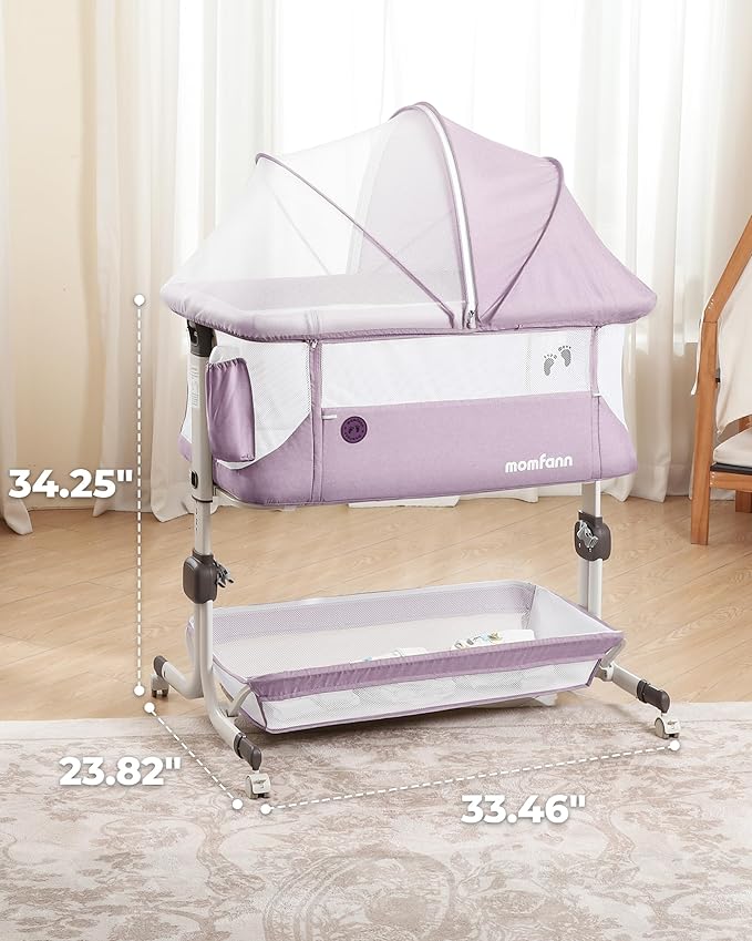 Baby Bassinet Bedside Sleeper, Upgraded Stability Bedside Crib with Full Mesh Sides, Soft Sheet, 6-Height Adjustment, Storage Basket, Easy Folding Portable Bassinet for Newborns,Pinkish Purple