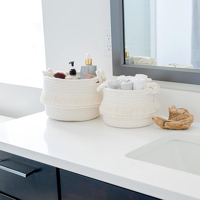 NaturalCozy 3-Piece Decorative Storage Basket Set – Cotton Rope Woven Baskets for Organizing! Small Storage Bins for Nursery Baby Stuff, Gift, Montessori, Dog Toy Bin, Cat Toys, Bathroom Shelves