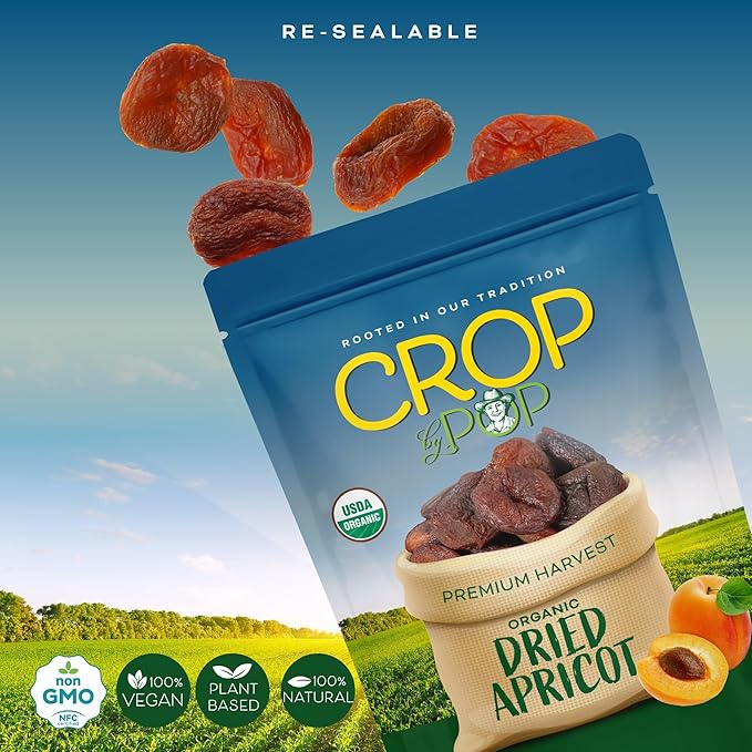 CROP BY POP - Organic Sun Dried Apricots, No Sugar Added, Unsulphured (32oz, 2 LB) Bulk Dry Fruits Packed Fresh in Resealable Bag - USDA Organic, Non GMO, Kosher