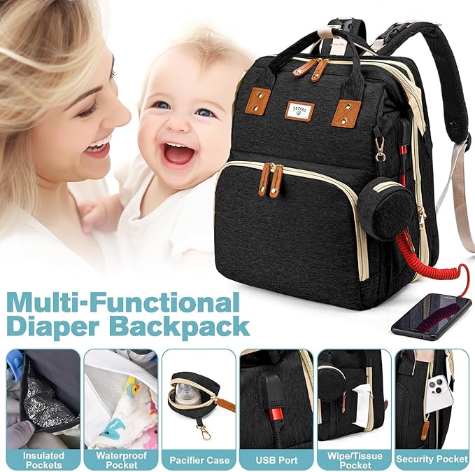 Diaper Bag Backpack, Large Waterproof Lightweight Diaper Bag with Changing Station, Insulated Pockets, USB Port & Stroller Straps, Travel Baby Bag for Mom and Dad, Baby Shower Gifts (Black)