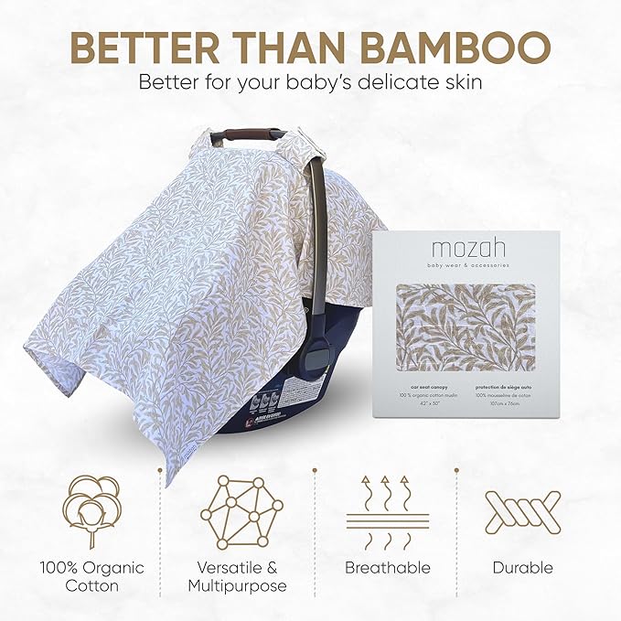 MOZAH Baby Car Seat Cover - Beige Leaves - 100% Organic Muslin - Soft, Breathable and Lightweight, Baby Infant Car Seat Essentials