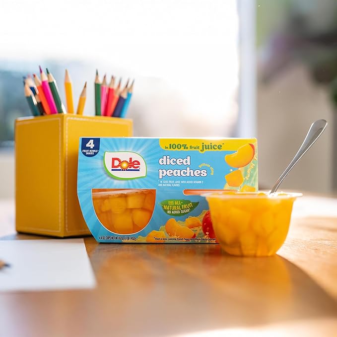 Dole Fruit Bowls, Diced Peaches in 100% Fruit Juice Snacks, 4oz 24 Total Cups, Gluten & Dairy Free, Bulk Lunch Snacks for Kids & Adults