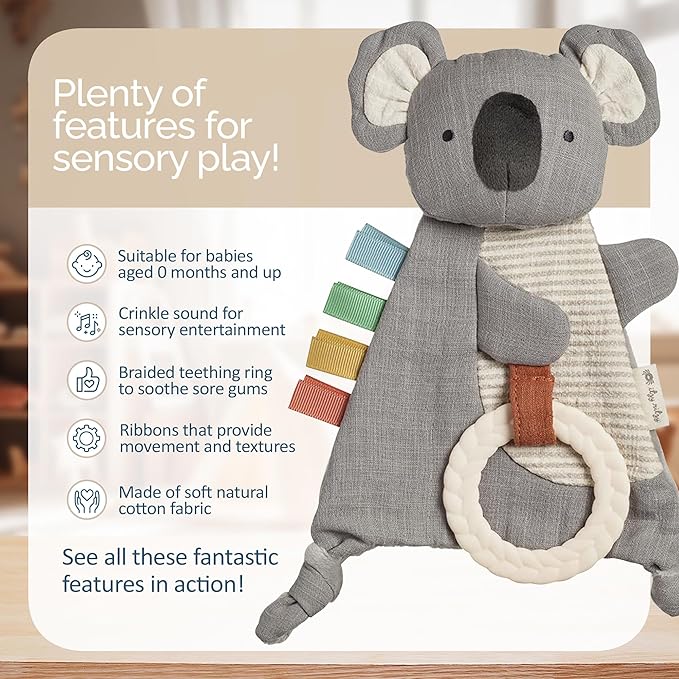 Itzy Ritzy - Bitzy Crinkle Sensory Toy Koala with Crinkle Sound for Babies & Toddlers - Features Soft Braided Teething Ring & Textured Ribbons, Designed for Ages 0 Months and Up, Koala