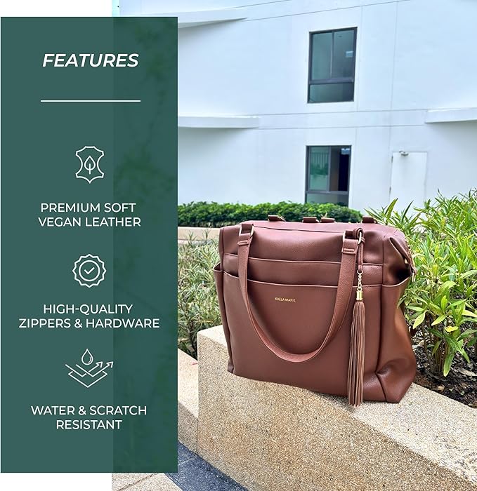 Large Diaper Bag Backpack, Vegan Leather Diaper Travel Tote Bag with Changing Pad and Stroller Straps