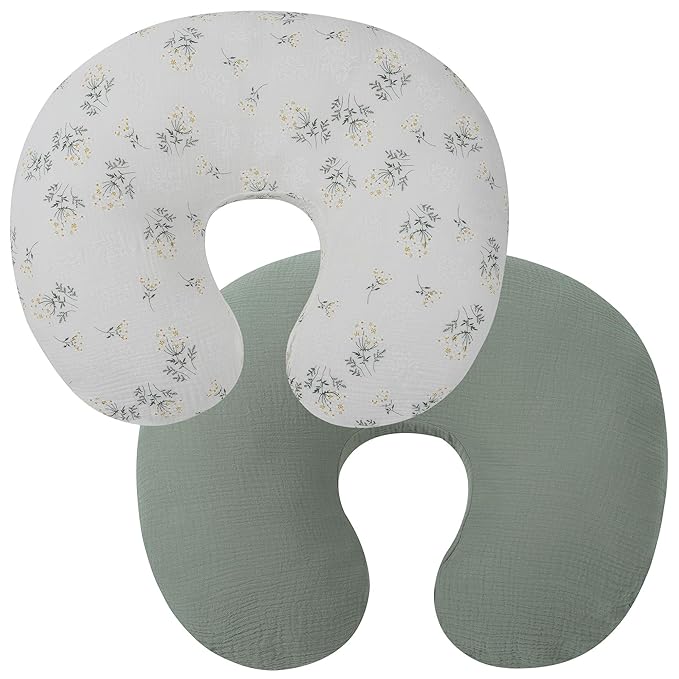 Onacosht Muslin Nursing Pillow Cover 2 Pack 100% Cotton Ultra Soft Breastfeeding Pillow Covers for Baby Boy and Girl, Green and Botanical
