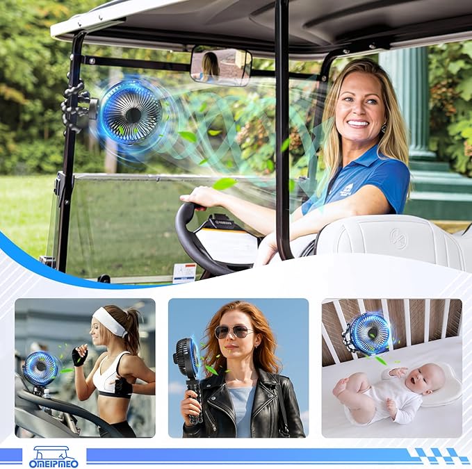 Rechargeable Golf Cart Fan, 12000mAh Stroller Fan, Adjustable 4 Speeds, LED Light, Power Bank, 360° Rotation, Portable Clip on Fans with Flexible Tripod for Club Car EZGO Yamaha