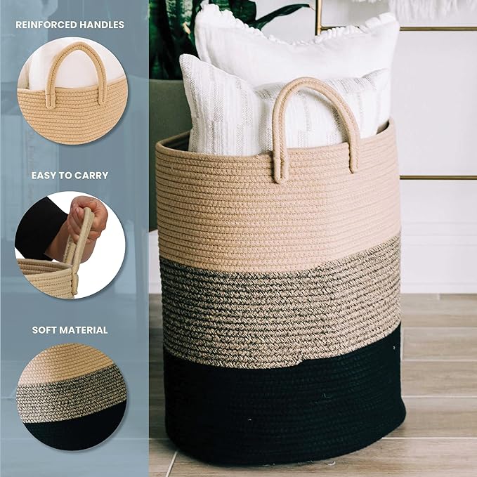 OrganiHaus Brown Woven Baskets for Storage 15x18, Boho Blanket Basket for Living Room, Toy Basket Storage for Kids, Baby Laundry Hamper, Large Storage Basket for Clothes, Basket for Blankets