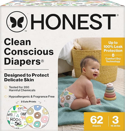 The Honest Company Clean Conscious Diapers for Delicate Skin | Up to 100% Leakproof | Hypoallergenic, Fragrance Free | Gender Neutral | Club Box, Size 3 (16-28 lbs), 62 Count (Prints May Vary)
