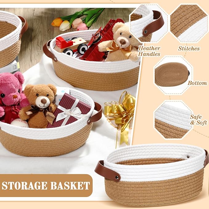 3 Pack Small Woven Basket for Gifts with Handles Clear Bags and Ribbons Empty Storage Basket Decorative Chest Box for Birthday Present Baby Shower Wedding(White and Dark Brown,12"x 8"x 5")