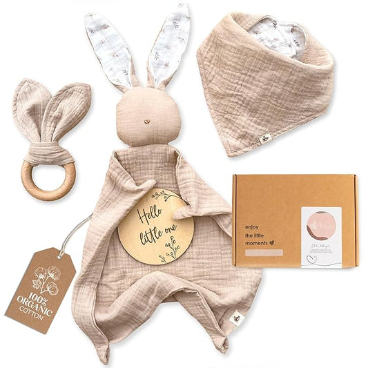 Mikito Organic Cotton Newborn Gift Box, Unisex Baby Gift Set incl. Muslin Lovey Comforter + Bandana Bib + Wooden Teether + Birth Announcement Sign