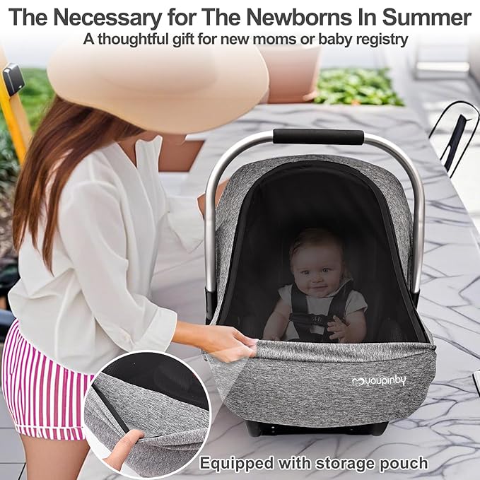 Baby Car Seat Cover, Extra Large Mesh Window, Breathable Fabric, Infant Windproof Canopy, Universal Fit CarSeat Covers for Babies, Machine Washable, Must Have Baby Gift. (Gray)