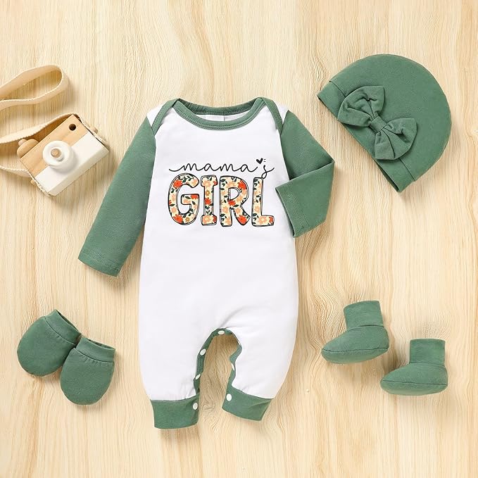 Sinhoon Newborn Baby Girl Romper Infant Letter Print Bodysuit Jumpsuit+Hat+Gloves+Socks 4Pcs Coming Home Clothes Outfit