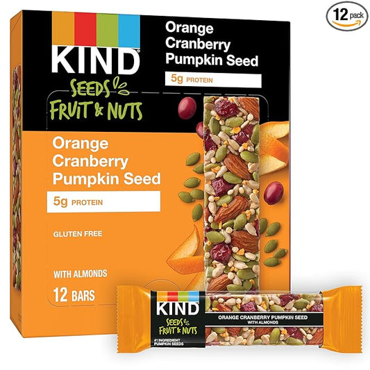 KIND Seeds Fruit & Nuts Snack Bar, Orange Cranberry | 5g Protein, High Fiber, Gluten Free Bars, 1.4 OZ, 12 Count