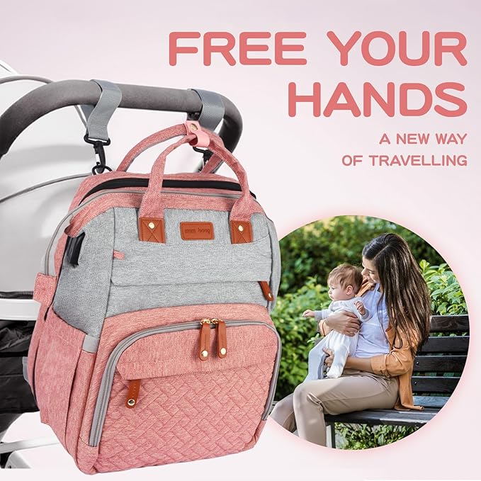 JOYCE Diaper Bag Backpack, with Changing Table Backpack, 900D Oxford Cloth, Large Capacity Diaper Backpack, 3 in 1 Multifunctional Travel Baby Diaper Backpack (pinkish gray)