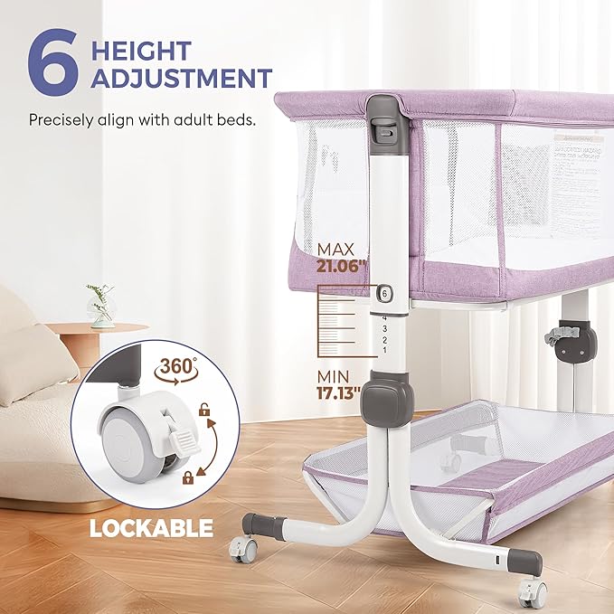 Baby Bassinet Bedside Sleeper, Upgraded Stability Bedside Crib with Full Mesh Sides, Soft Sheet, 6-Height Adjustment, Storage Basket, Easy Folding Portable Bassinet for Newborns,Pinkish Purple