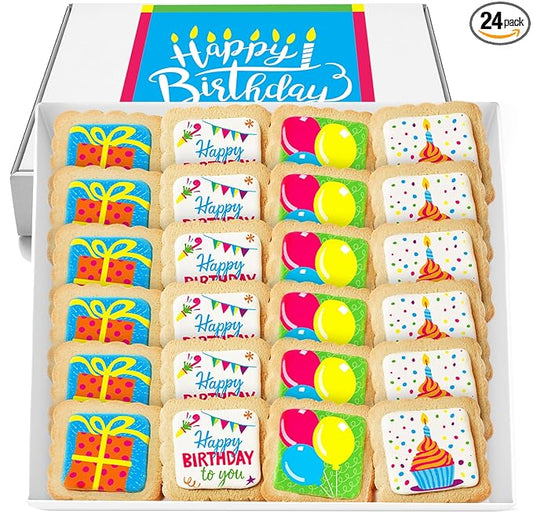 Happy Birthday Cookies 24 PACK INDIVIDUALLY WRAPPED Party Favors Gift Basket for Kids Men Women | Decorated Sugar Cookie Gift Box | Nut Free
