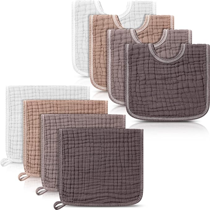 Tallew 8 Pack Baby Bibs and Muslin Burps for Baby Boy Girl Drooling and Teething 20" x 10" Burp Cloths Absorbent Rag Soft Cotton Bibs for Newborn Toddler Infant 0-24 Month Essentials(Dark Color)