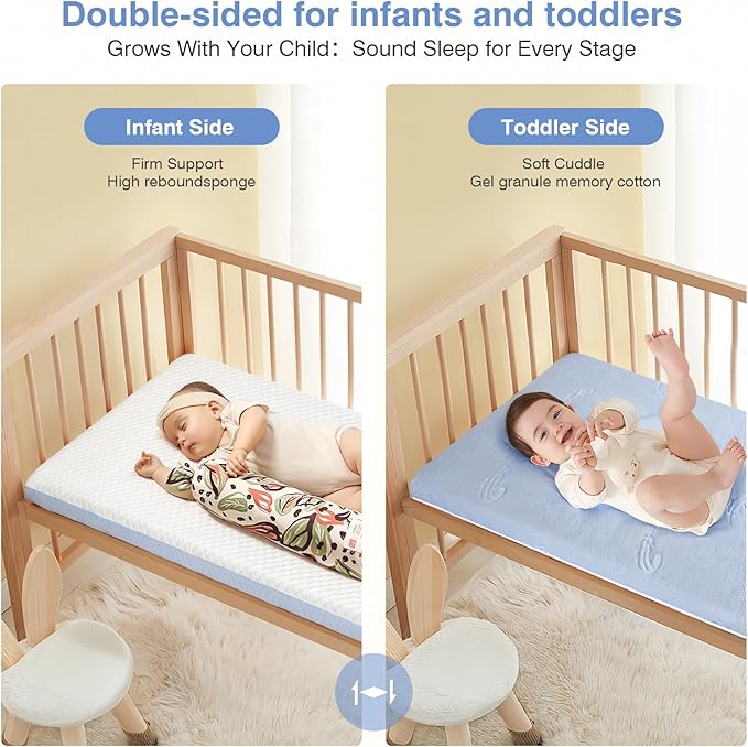 Dual-Sided Comfort Baby and Toddler Crib Mattress with Cool Gel Memory Foam, Triple-Layer Breathable Premium Baby-Mattress for Infant and Toddler with Removable Outer Cover -White&Blue