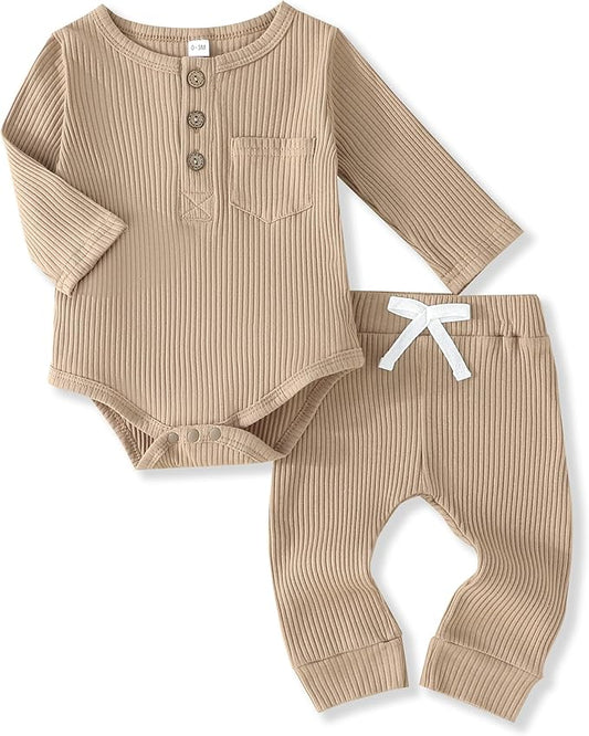 Newborn Baby Boy Girl Clothes Ribbed Knit Cotton Long Sleeve Romper Long Pant Preemie Solid Color Unisex Outfits