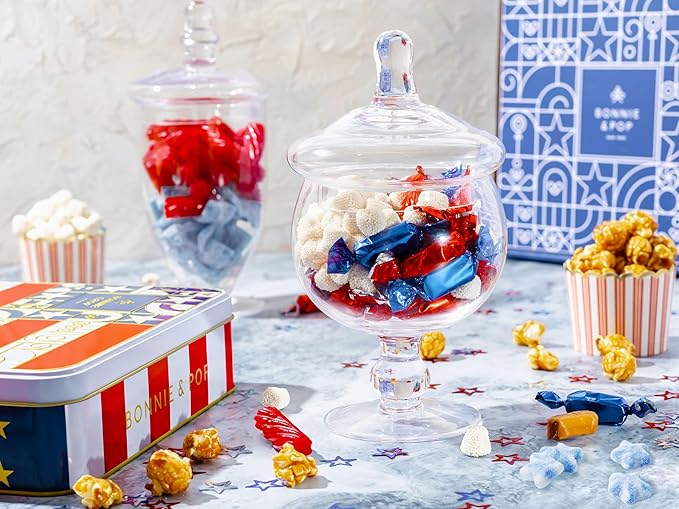 Gift Basket– Sweets Include Soft Licorice, Gummy Stars, Champagne Bubbles, Caramel Popcorn & Foiled Caramels – America Summer Candy Sampler- Memorial Day Tin- Bonnie & Pop