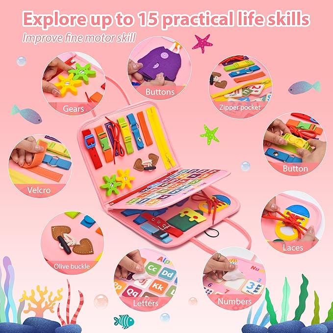 Preschool Learning Board for Toddlers 2-4, Montessori Busy Books for 1-4 Years, Sensory Busy Board for Travel Gift (Mermaid)