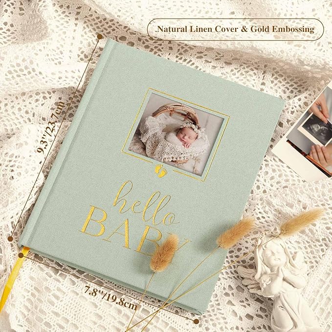 Lanpn Baby Memory Book Journal, Newborn First 5 Year Keepsake with DIY Window, Linen Baby Photo Book Memories Keepsake Scrapbook, Baby Milestone Album for Boy Girl New Parents (Sage Green, 154 Pages)