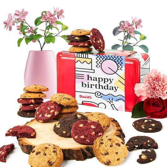 David’s Cookies Happy Birthday Mini Cookies Gift Tin – 14oz Fresh Baked Assorted Cookie Bites in Chocolate Chip, White Chocolate Chip & Red Velvet – Dessert Gift for Birthday Party & Special Occasions