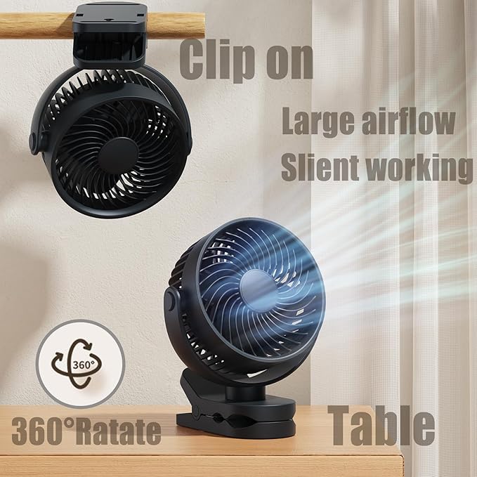 Personal Clip on Fan 2000mAh Battery Operated, Type-C 4 Speed Max 8.5 Hrs 360° adjustment Clip fan, Small Portable Fan for Office, Bedroom, Desk, dormitory, Camping, Stroller, Golf Cart - Dark Blue