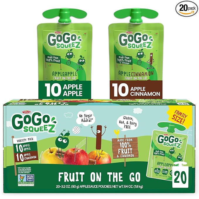 GoGo squeeZ Applesauce and Fruit Puree Variety Pack, Apple & Cinnamon, 3.2 oz (Pack of 20), Unsweetened Fruit Snacks for Kids, Gluten Free, Nut Free and Dairy Free, BPA Free Pouches