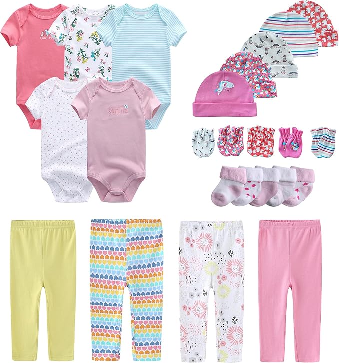 Newborn Layette Gift Set Bodysuits Pants for Baby Girl and Boy 24 Piece 100% Cotton Essentials and Accessories
