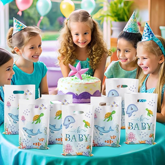 Summer Ocean Party Favor Bags - 50Pcs Sea Ocean Animals Goody Candy Treat Gifts Bags, Watercolor Under the Sea Themed Party Decorations for Kids Boys Girls Birthday Baby Shower Supplies