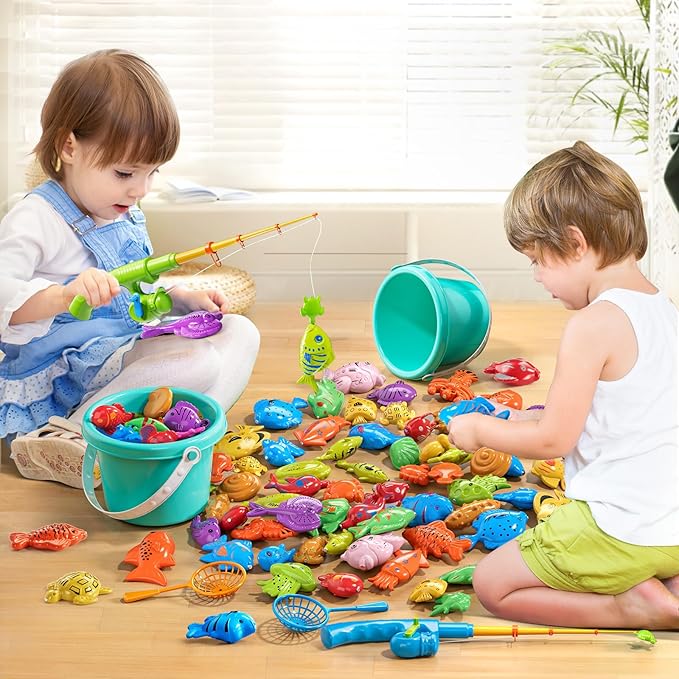 Magnetic Fishing Game Pool Toys for Kids 3-5, Water Table Bathtub Kiddie Party Toy with Pole Rod Net Plastic Floating Fish, Outdoor Toys for Kids Age 3 4 5 6 7 8 Year Old