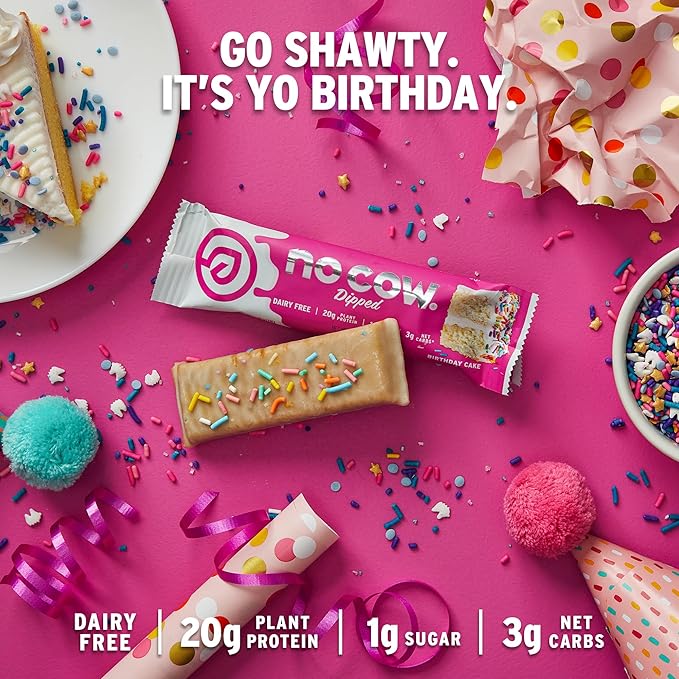No Cow High Protein Bars, Dipped Birthday Cake - Healthy Snacks, 20g Vegan Protein, High Fiber, Low Sugar, Keto Friendly, Dairy & Gluten Free (12 Count)