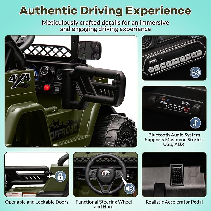 GarveeLife 12V Kids Ride On Car, Ride On Toy for Kids Ages 37-96 Months, Electric Truck with 5MPH Max Speed, Remote Control, Steering Wheel, Accelerator Pedal, Treaded Tires, Music and Story, Green