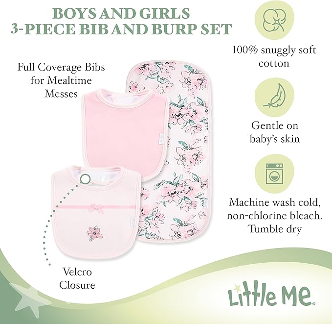Little Me Clothes for Baby Boys’ and Girls’ 2 Bibs and 1 Burp Cloth Set, Soft Cotton Feeding Essentials with Velcro Closures