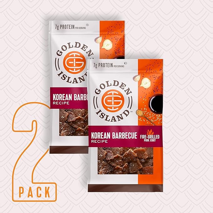 Golden Island Pork Jerky Korean BBQ Flavored, Specialty Meat Snack, Gluten Free with Korean Barbecue Seasoning, Bite Sized Sweet and Savory Protein Snack, 7g of Protein Per Serving, 9 Oz (2 Pack)