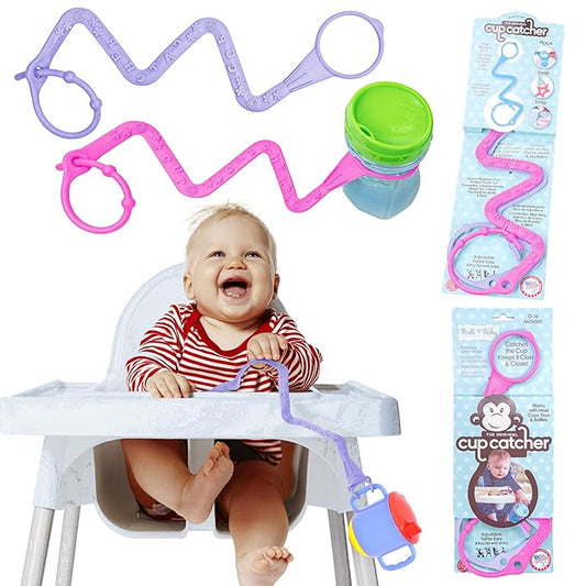Brilli Baby Cup Catcher Patented Safety Tether Strap, Attach Sippy Cups, Bottles, Pacifiers & More to Stroller, High Chair, Car Seat, Made in USA, Food Grade, Dishwasher Safe (Lavender & Pink)
