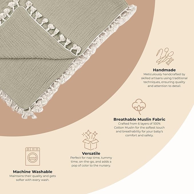 Crane Baby Green Muslin Baby Blanket, 6-Layer Cotton Baby Swaddle, Soft Cotton Lightweight Nursery and Stroller Blanket for Baby Boys & Girls, Fern Green, 30" x 40"