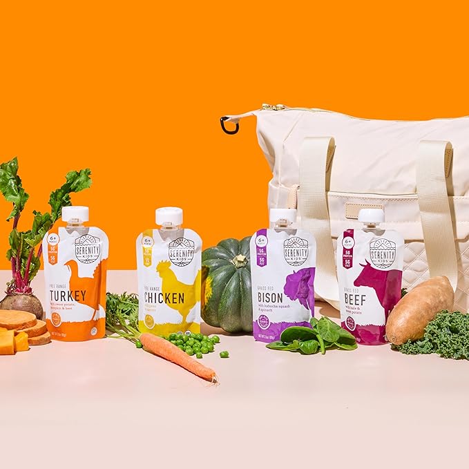 Serenity Kids 6+ Months Baby Food Pouches - Ethically Sourced Meat & Organic Veggies - High Protein Savory Baby Puree Pouches for Baby Snacks - 3.5 Oz, 8 Pack