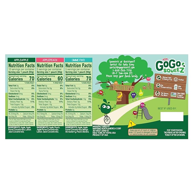 GoGo squeeZ Applesauce and Fruit Puree Variety Pack, Apple, Peach & Gimme Five!, 3.2 oz (Pack of 20), Unsweetened Fruit Snacks for Kids, Gluten Free, Nut Free and Dairy Free, BPA Free Pouches