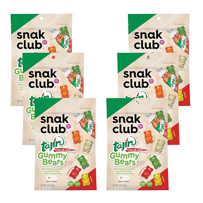 Snak Club Tajin Gummy Bears, Assorted Fruit Candy Gummies with Chili and Lime Seasoning, Mild, Gluten-Free and Vegan Snacks, 4 oz Resealable Bags, 6 Pack