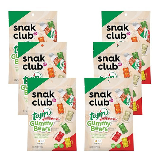 Snak Club Tajin Gummy Bears, Assorted Fruit Candy Gummies with Chili and Lime Seasoning, Mild, Gluten-Free and Vegan Snacks, 4 oz Resealable Bags, 6 Pack