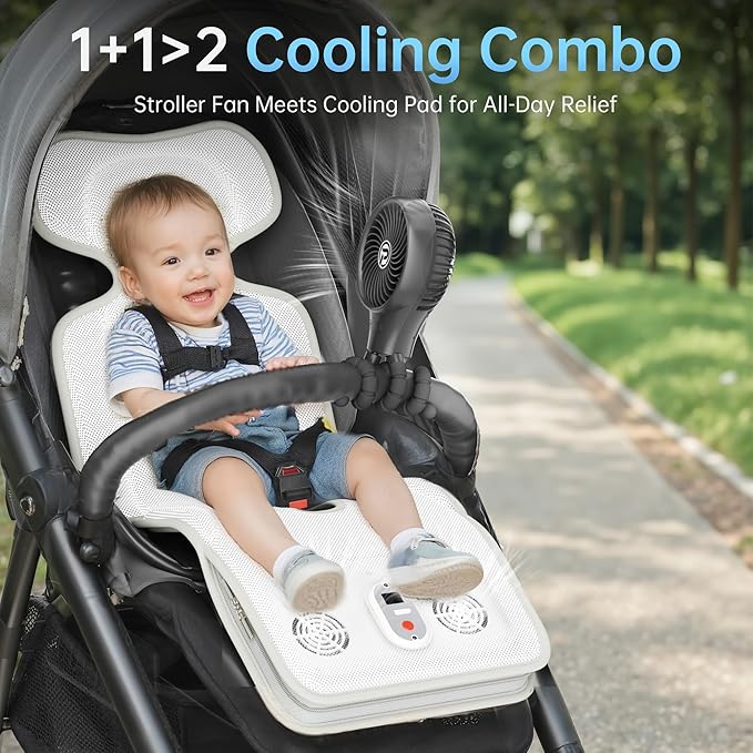 Rechargeable Baby Stroller Cooling Pads with Dual Blower -10000mAh Battery Operated Cooling Cushion, Max 10H Cooling, 3 Speeds, Baby Summer Essential Breathable Car Seat Liner for Outdoors Stroller