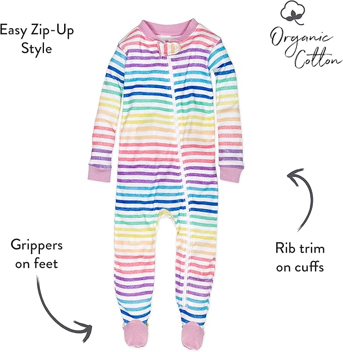HonestBaby 2-Pack Non-Slip Footed Pajamas One-Piece Sleeper Jumpsuit Zip-Front Pjs 100% Organic Cotton for Baby Girls