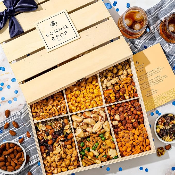 BONNIE AND POP - Nut Gift Basket | Healthy Gift of Assorted Nuts in Reusable Wood Crate | Large Variety Tray with Unique Flavors | Parties, Holidays, Birthday, Sympathy, Office, Thank You, Him, Her | Bonnie & Pop