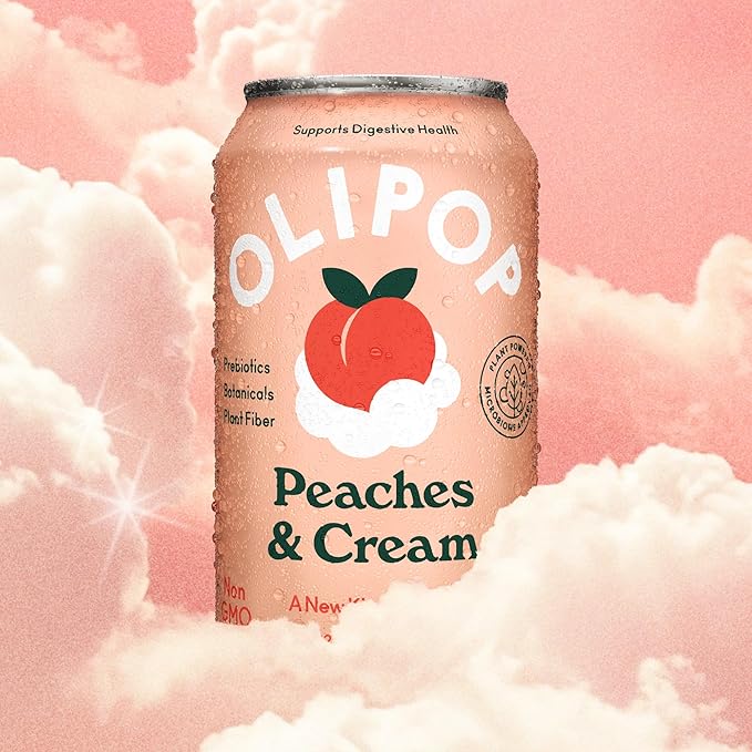 OLIPOP Prebiotic Soda Pop, Peaches & Cream, A New Kind of Soda Packed with Prebiotics, Fiber, and Botanicals, Gluten Free, Vegan, GMO Free, 12oz (12-Cans)