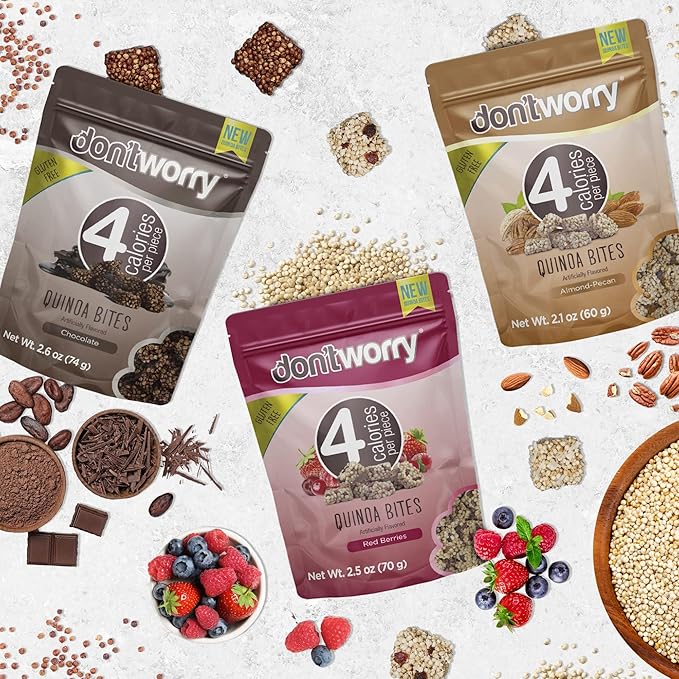 Don't Worry Chocolate Quinoa Bites - Low Calorie Snacks, Only 4 Calories per Piece!, Healthy Chocolate Granola Bars, Low Carb Quinoa Snacks, Gluten Free Protein Cookies - (Almond Pecan, 6 Pack)