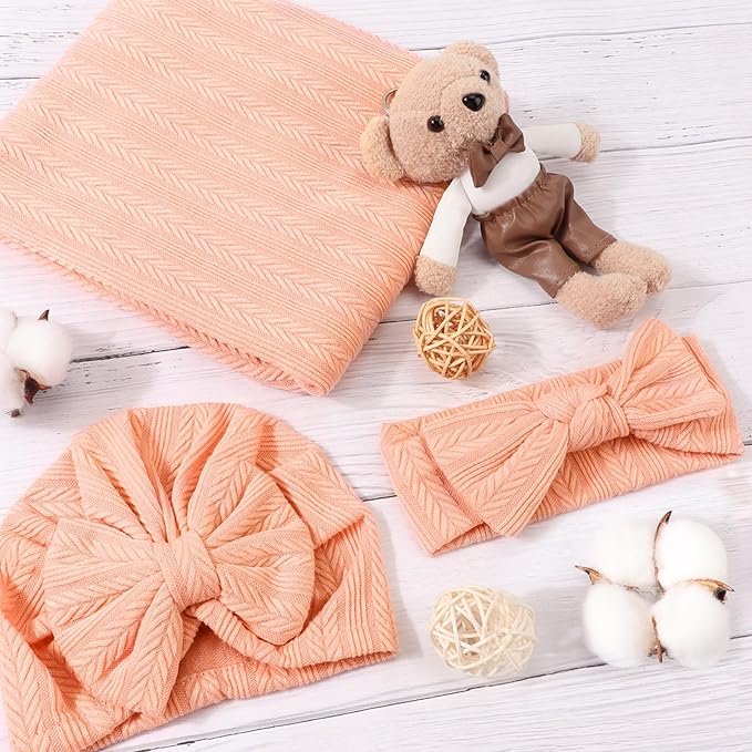 Newborn Receiving Blanket with Bow Hat Headband Wooden Card Set Wheat-Pattern Newborns Toddler Baby Boy Girl Nursery Swaddle Wrap