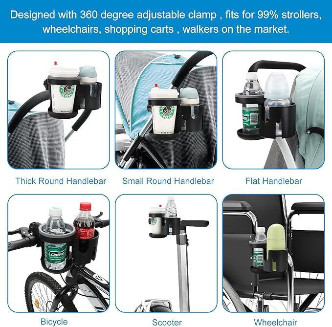 Accmor Universal Cup Holder, Stroller Cup Holder, 360° Rotatable Large Caliber Designed Bottle Holder for Stroller, Bike, Wheelchair, Walker, Scooter